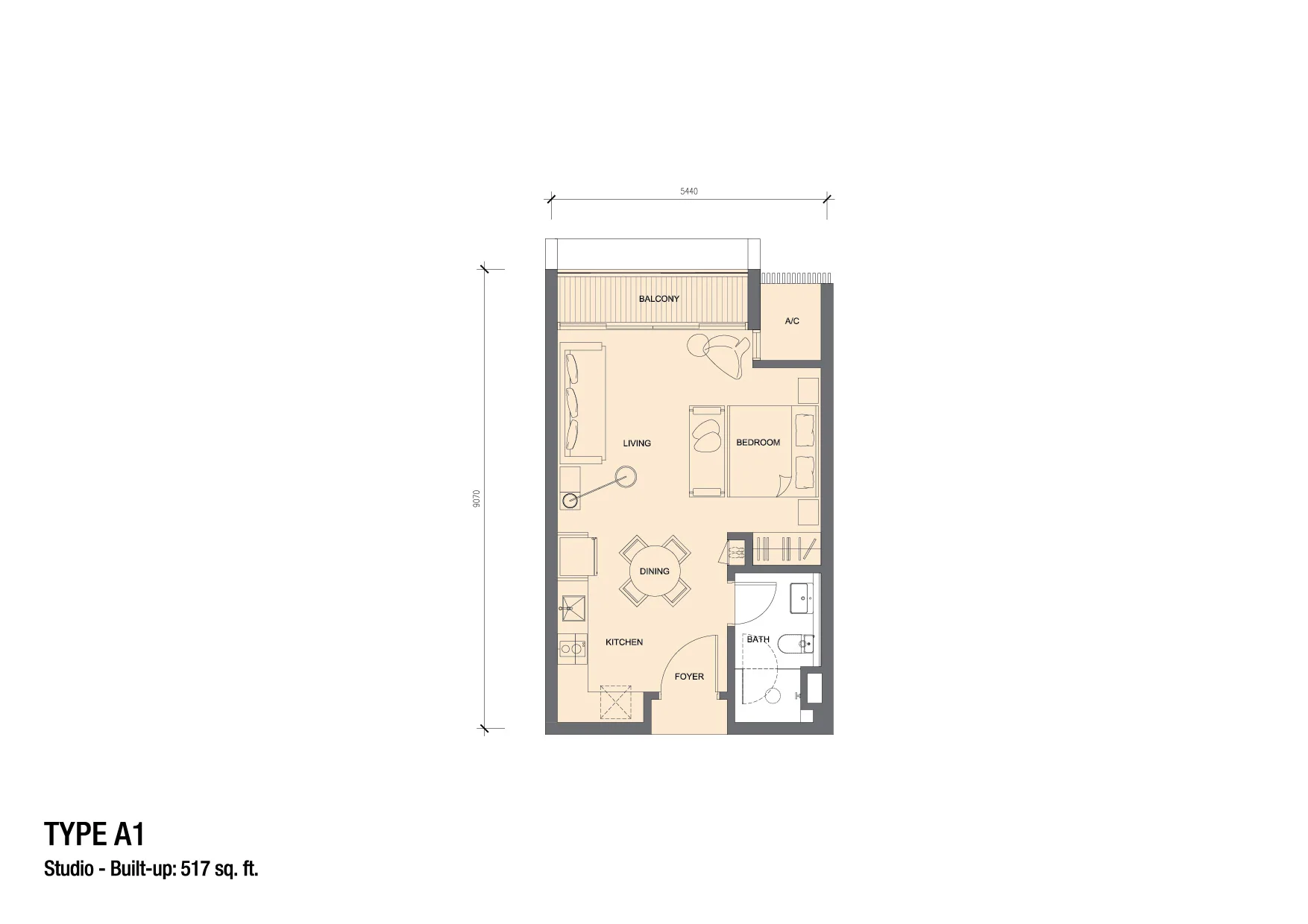 Grand Medini Residence 517 sq ft studio with balcony floor plan