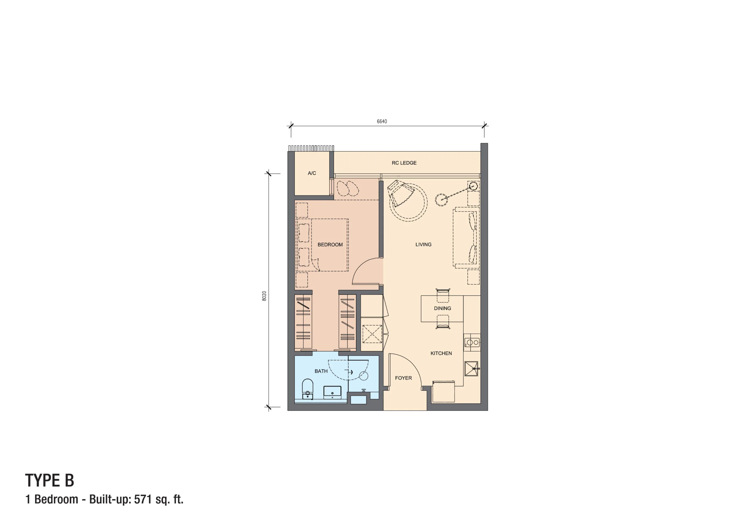 Grand Medini Residence 571 sq ft 1-bedroom floor plan