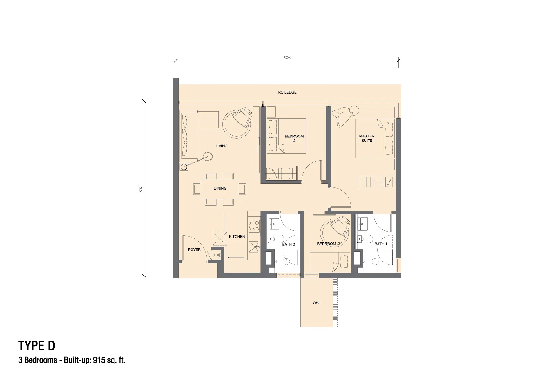 Grand Medini Residence 915 sq ft 3-bedroom floor plan