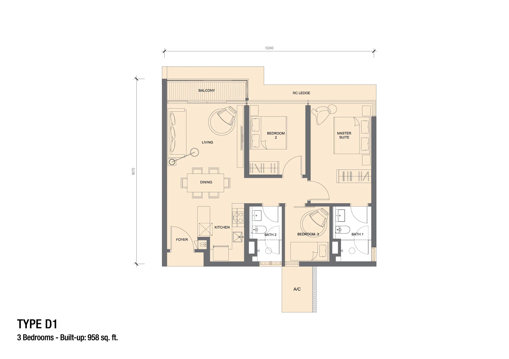 Grand Medini Residence 958 sq ft 3-bedroom with balcony floor plan