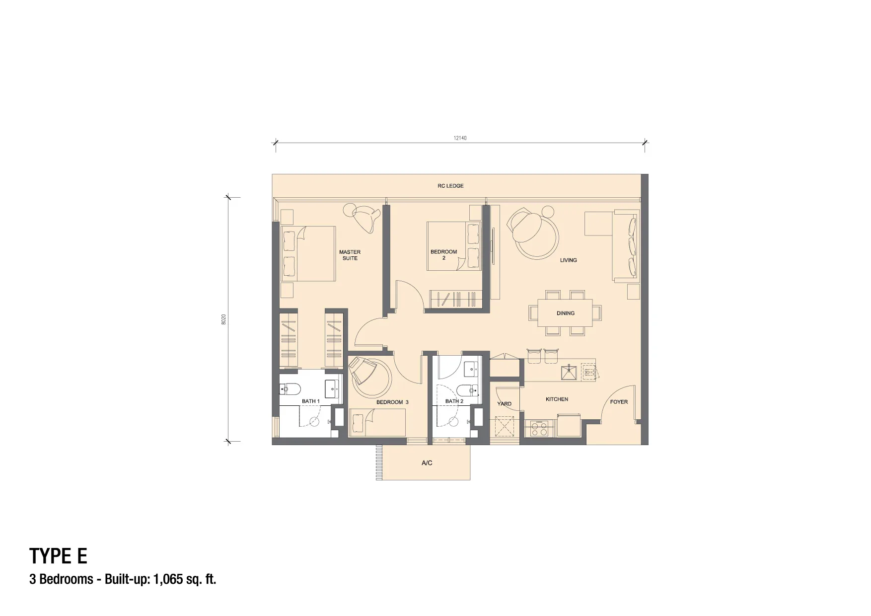 Grand Medini Residence 1,065 sq ft 3-bedroom floor plan