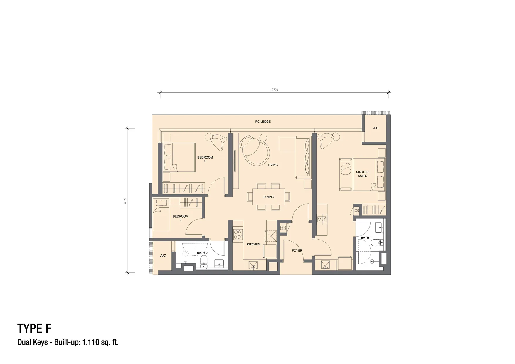Grand Medini Residence 1,110 sq ft 3-bedroom dual-key floor plan