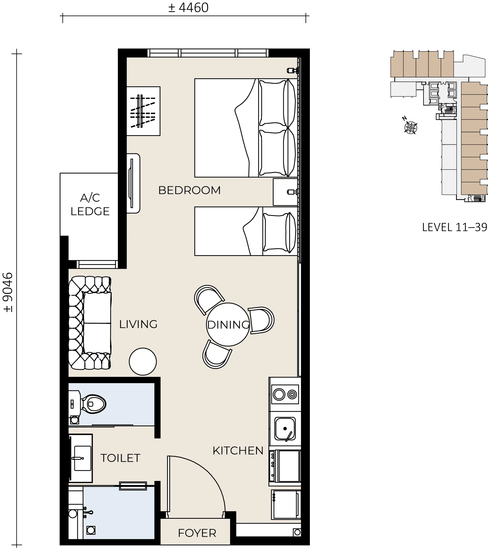 G'Vinton, George Town: Type B 1-bedroom floor plan, 387 sq ft