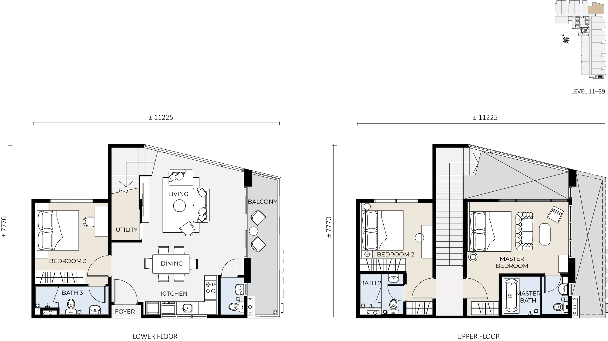 G'Vinton, George Town: Type D duplex floor plan, lower and upper floors, 1,356 sq ft