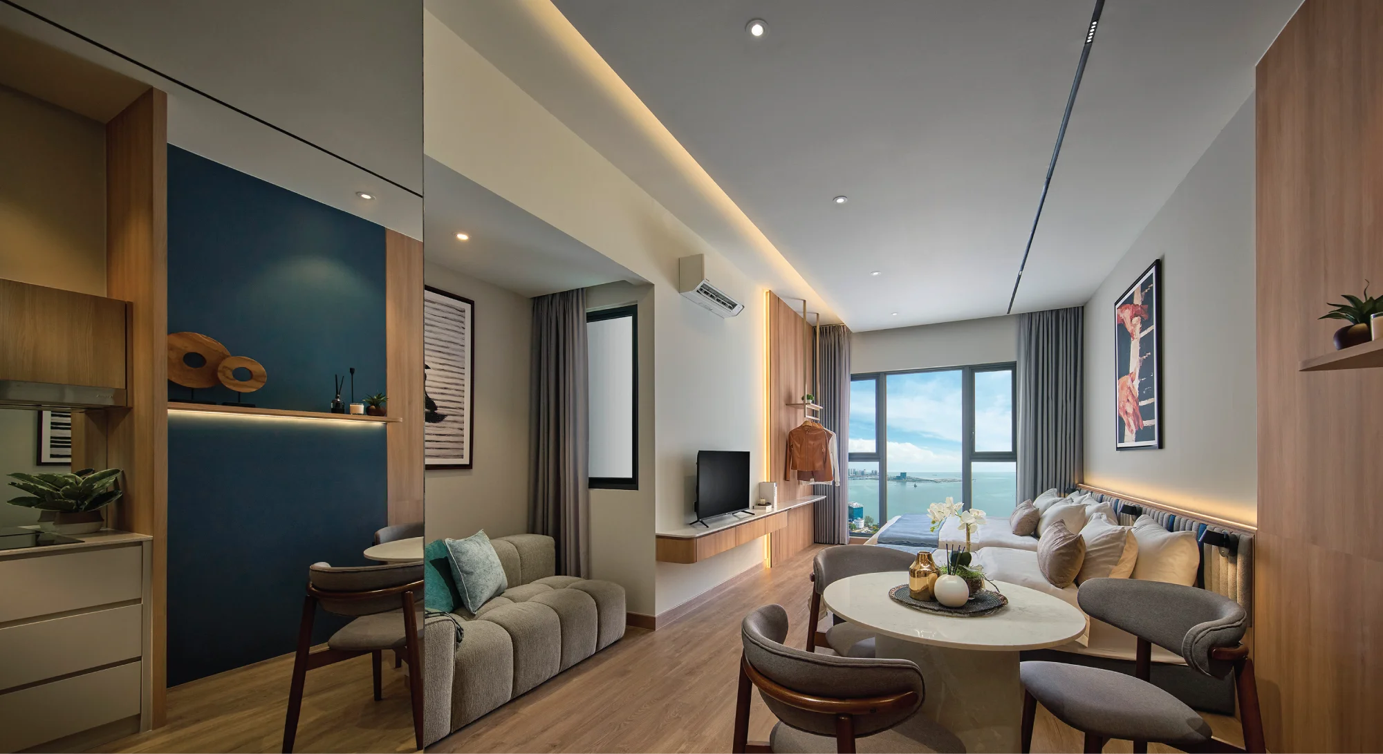 G'Vinton, George Town: furnished unit living and dining area, artist's impression