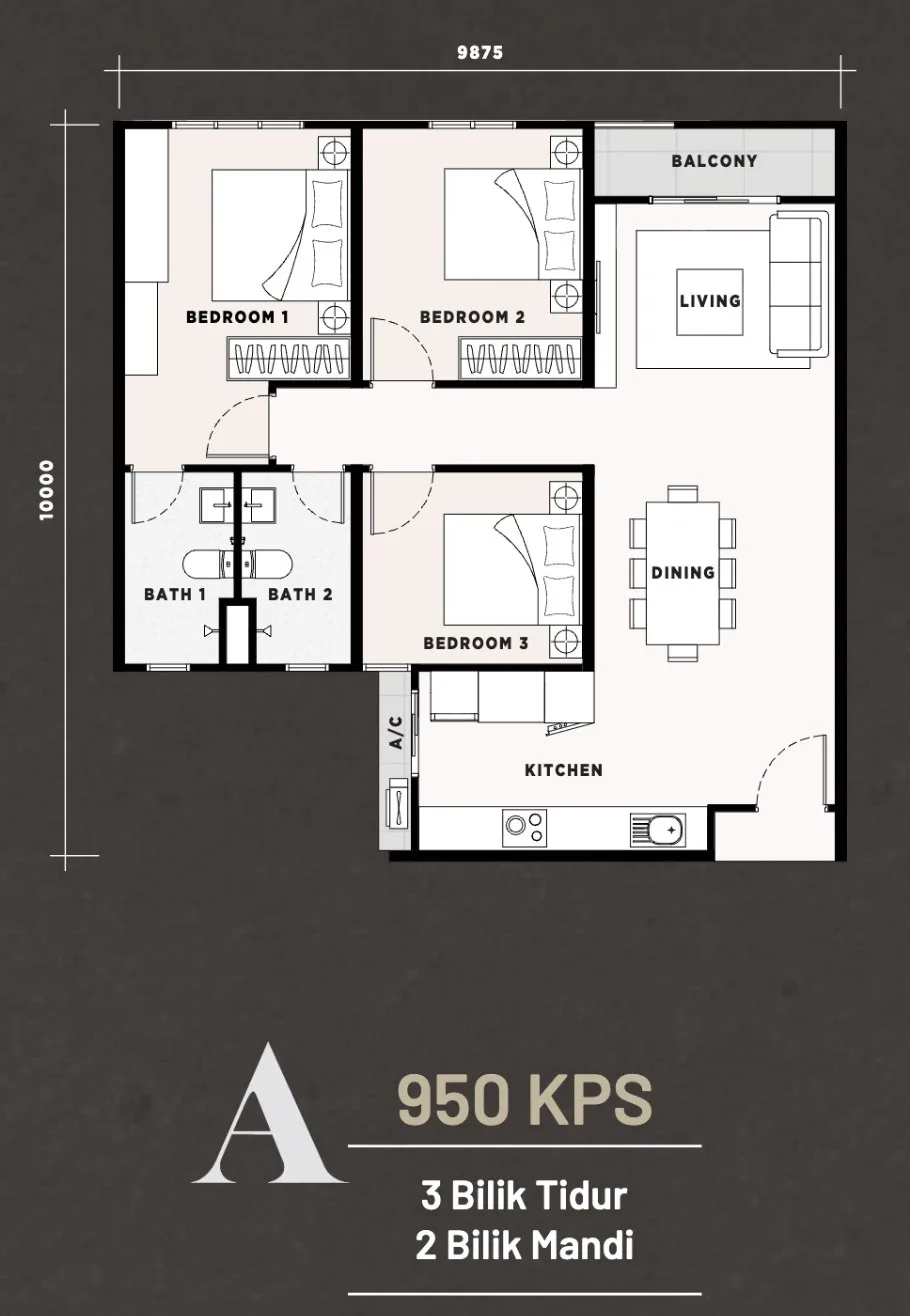 Harbour View Residence, Butterworth: Type A floor plan, 3 bedrooms, 950 sq ft