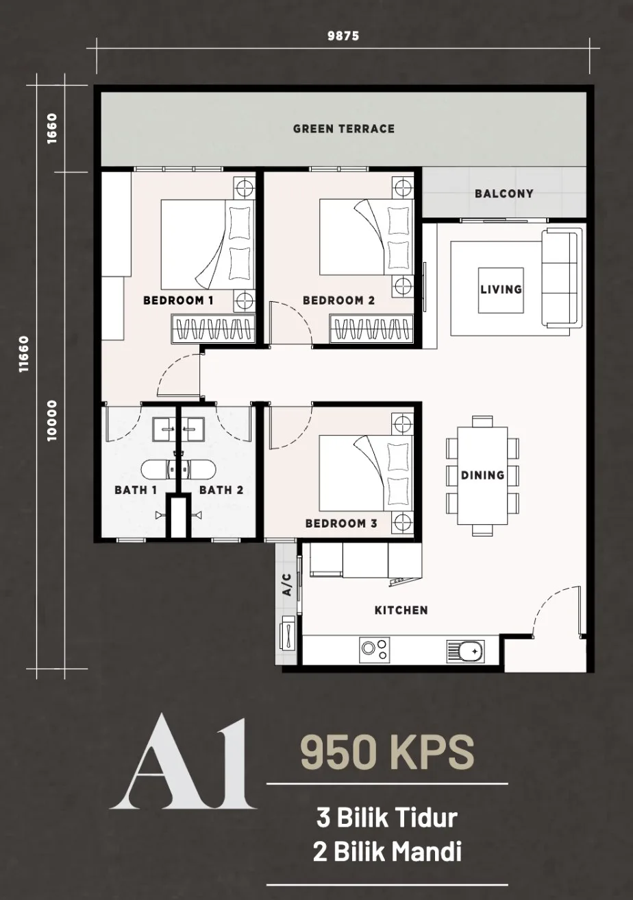 Harbour View Residence, Butterworth: Type A1 floor plan with green terrace, 3 bedrooms, 950 sq ft