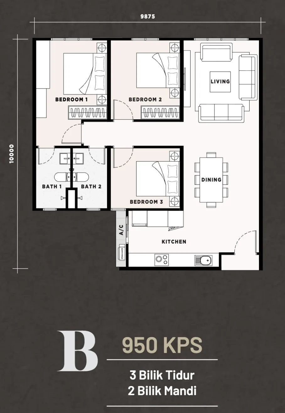Harbour View Residence, Butterworth: Type B floor plan, 3 bedrooms, 950 sq ft