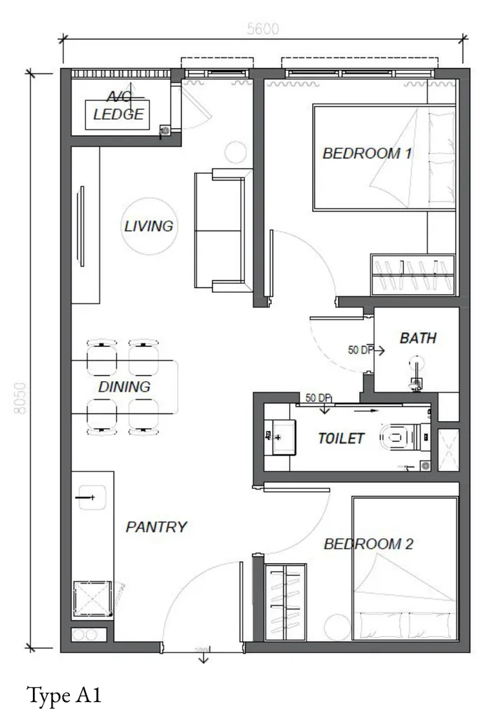 Keeperz Suites, Gelugor: Type A1 floor plan, 2 bed 2 bath, 484 sq ft