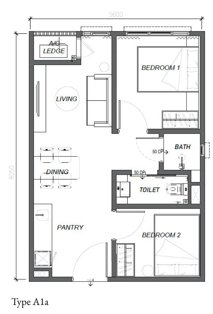 Keeperz Suites, Gelugor: Type A1a floor plan, 2 bed 2 bath (corner), 484 sq ft