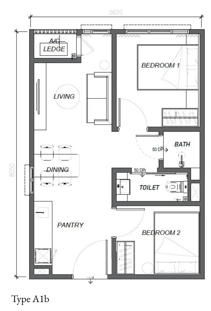 Keeperz Suites, Gelugor: Type A1b floor plan, 2 bed 2 bath, 484 sq ft