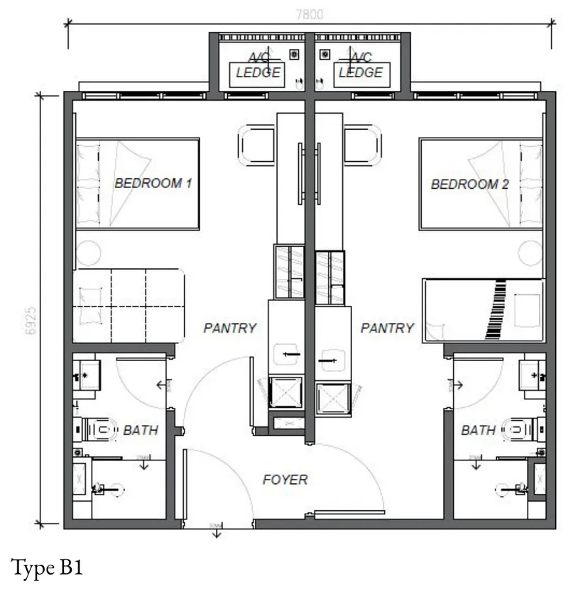 Keeperz Suites, Gelugor: Type B1 floor plan, dual-key, 2 studios, 2 bath, 581 sq ft