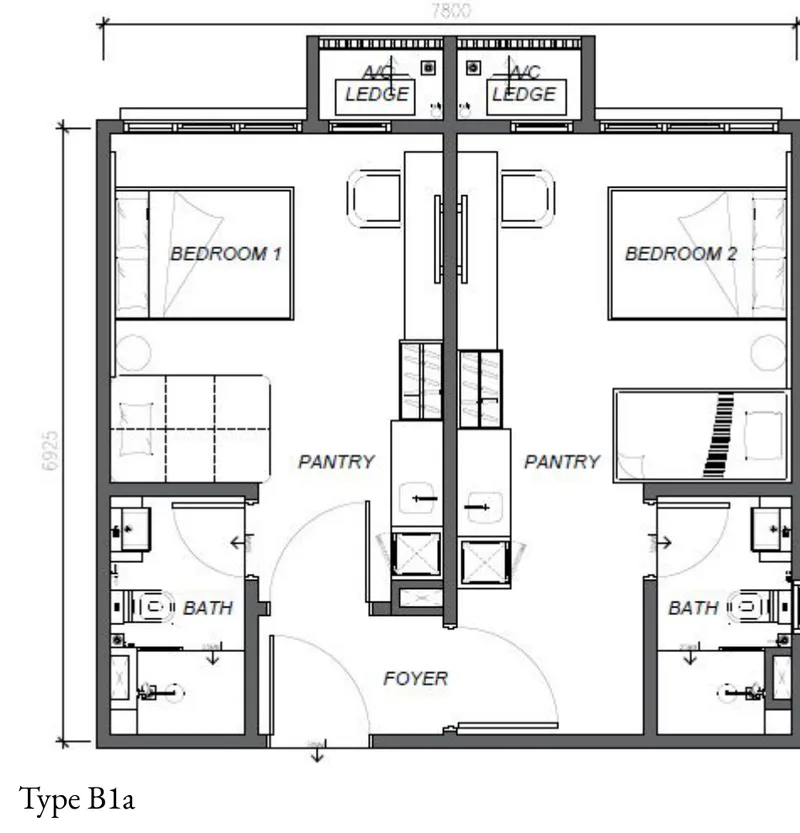 Keeperz Suites, Gelugor: Type B1a floor plan, dual-key, 2 studios, 2 bath, 581 sq ft