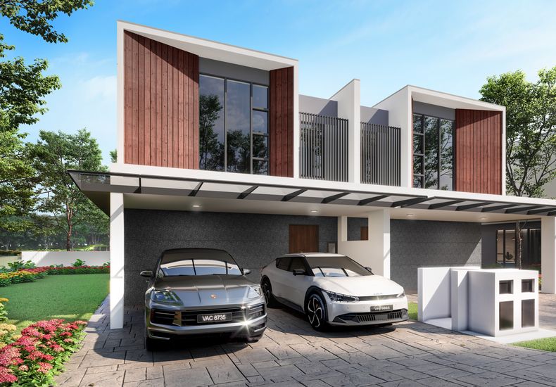 Kew Green Cassia two-storey cluster house with balcony render