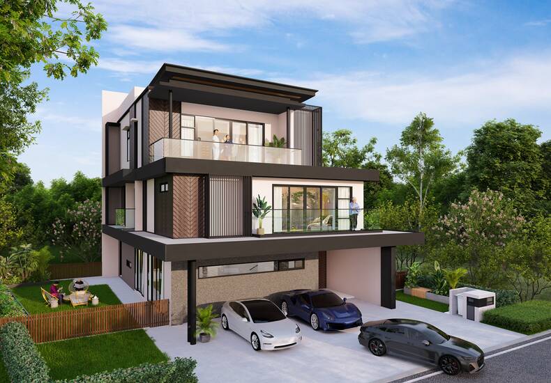 Kew Woods Redwood three-storey link bungalow render
