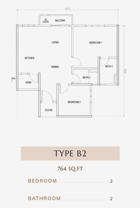 KSL Austin Legacy 户型图 Type B2，2房，764平方尺