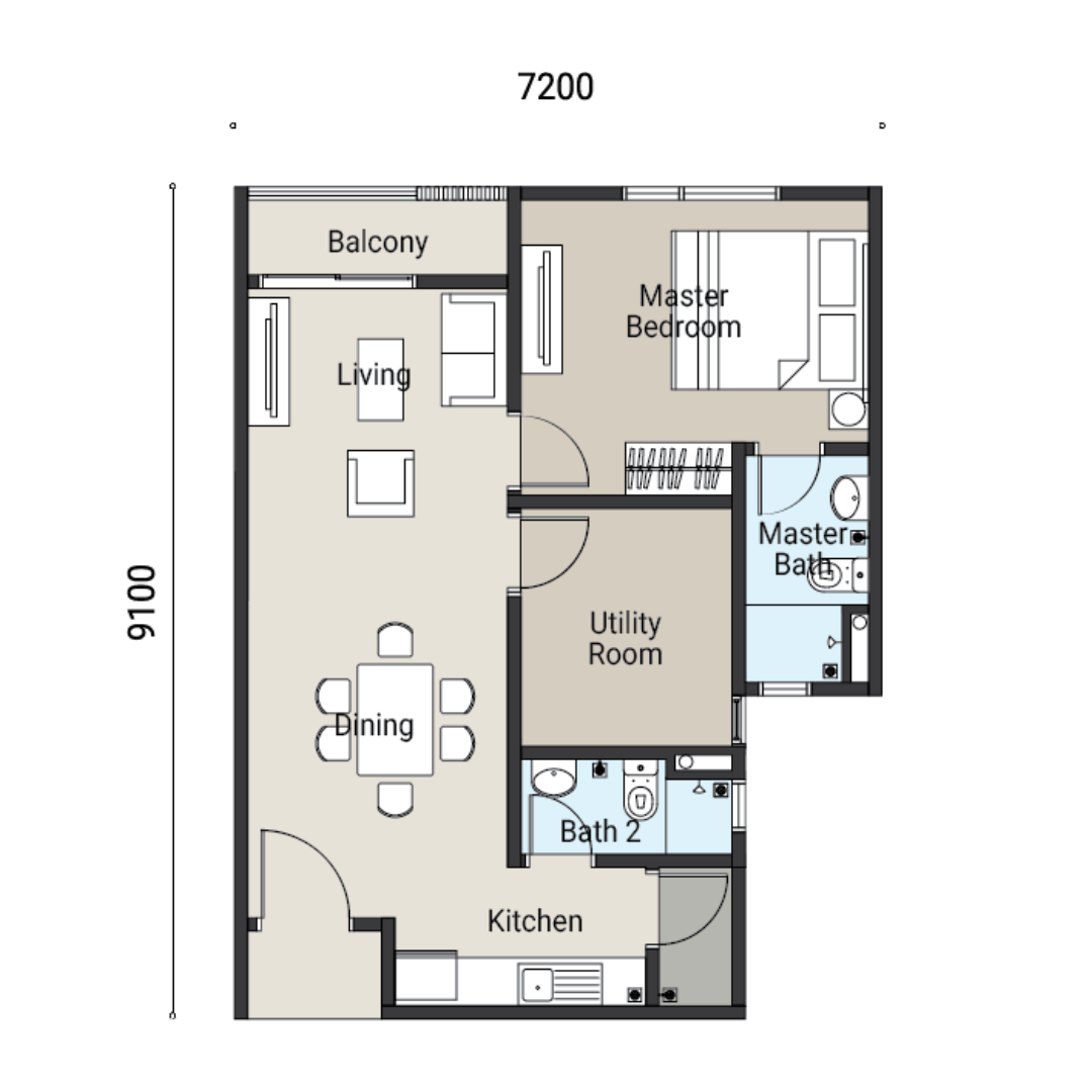 KSL Ceros Residences 户型图 Type B1，1+1房 2浴，646平方尺