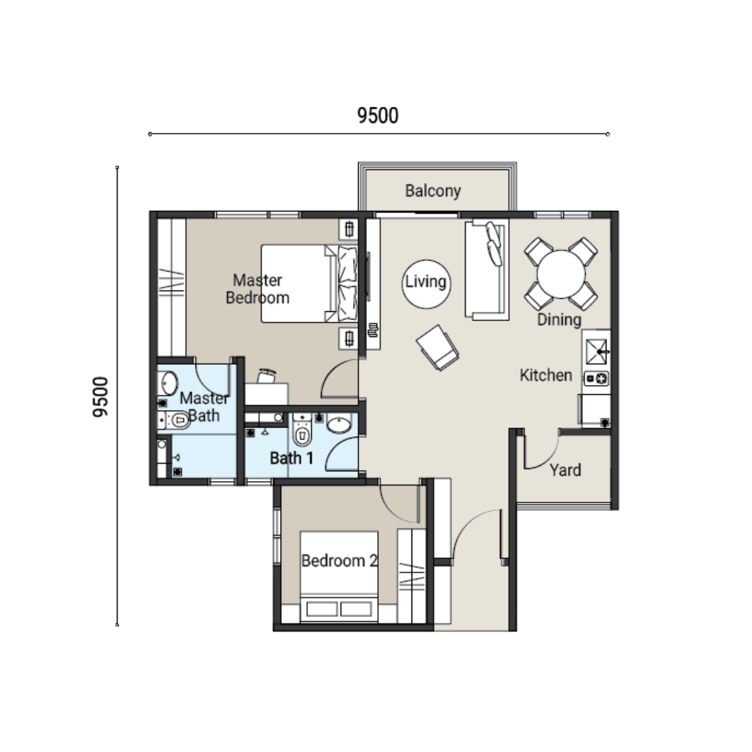 KSL Ceros Residences 户型图 Type B2，2房 2浴，764平方尺