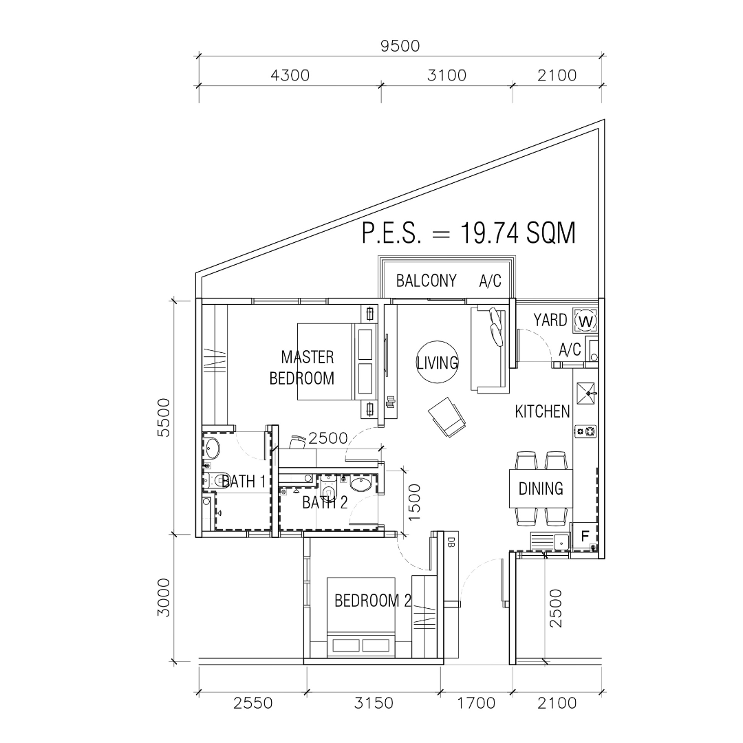 KSL Ceros Residences 户型图 Type B5，2房 2浴，976平方尺
