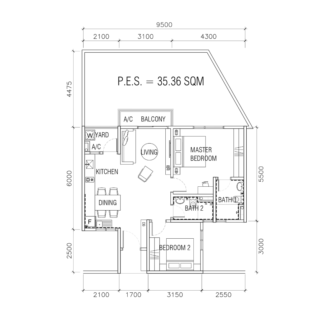 KSL Ceros Residences 户型图 Type B6，2房 2浴，1,144平方尺