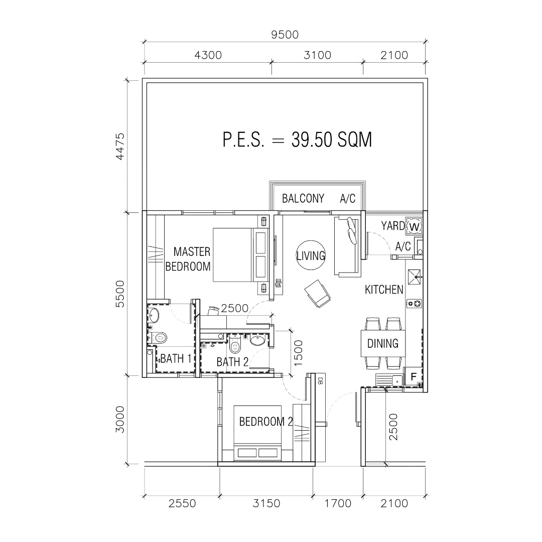 KSL Ceros Residences 户型图 Type B4，2房 2浴，1,189平方尺