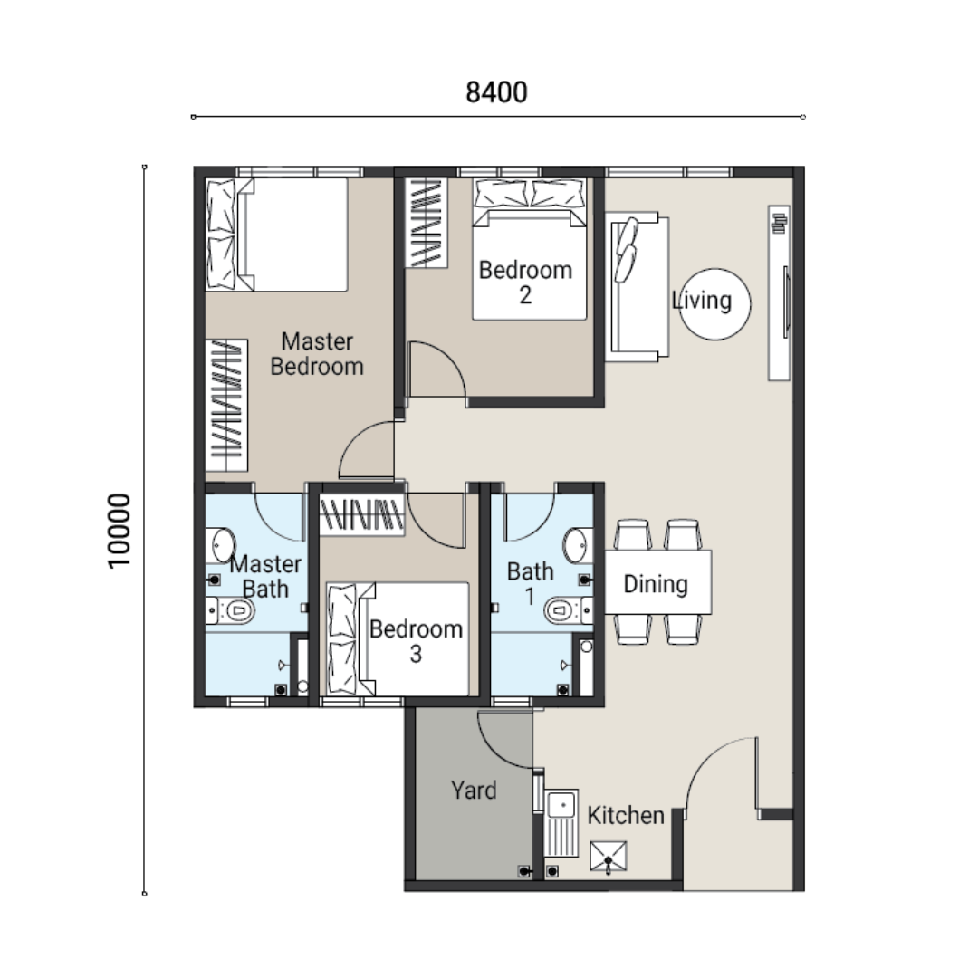 KSL Ceros Residences 户型图 Type C2，3房 2浴，818平方尺