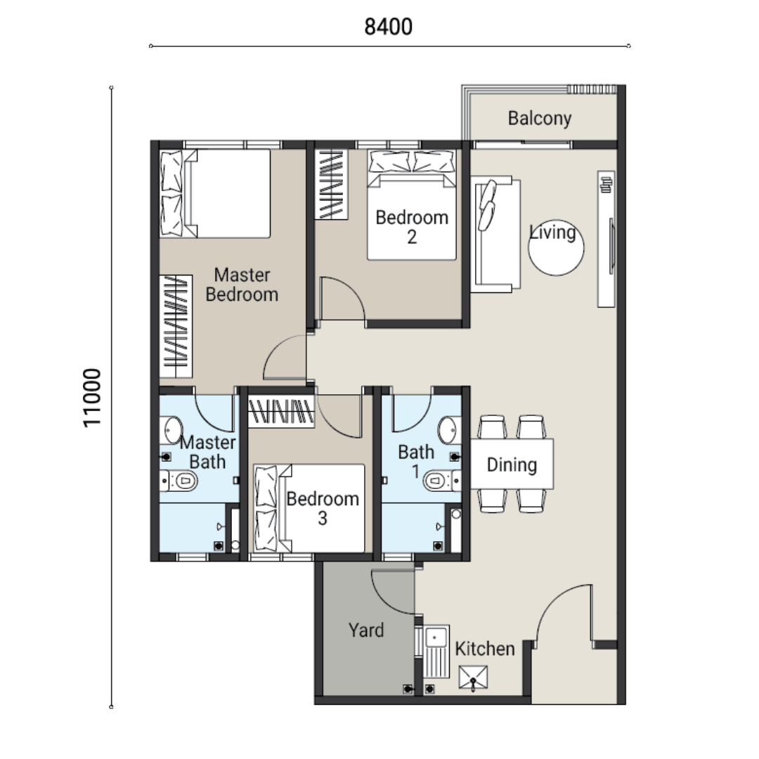 KSL Ceros Residences 户型图 Type C1，3房 2浴，850平方尺