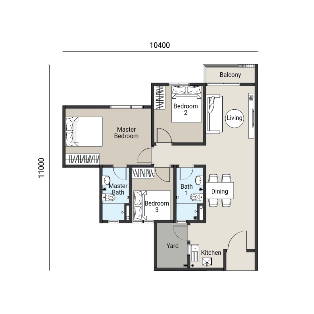 KSL Ceros Residences 户型图 Type C3，3房 2浴，883平方尺