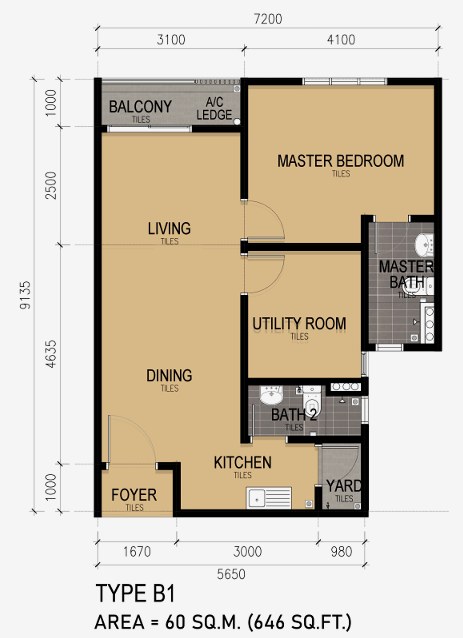 KSL Lakeview Ponderosa 户型图 Type B1，1+1房，646平方尺