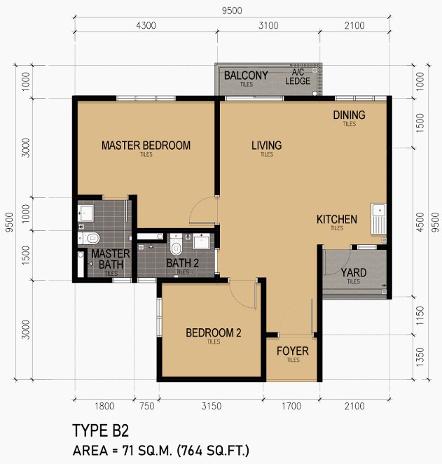 KSL Lakeview Ponderosa 户型图 Type B2，2房，764平方尺