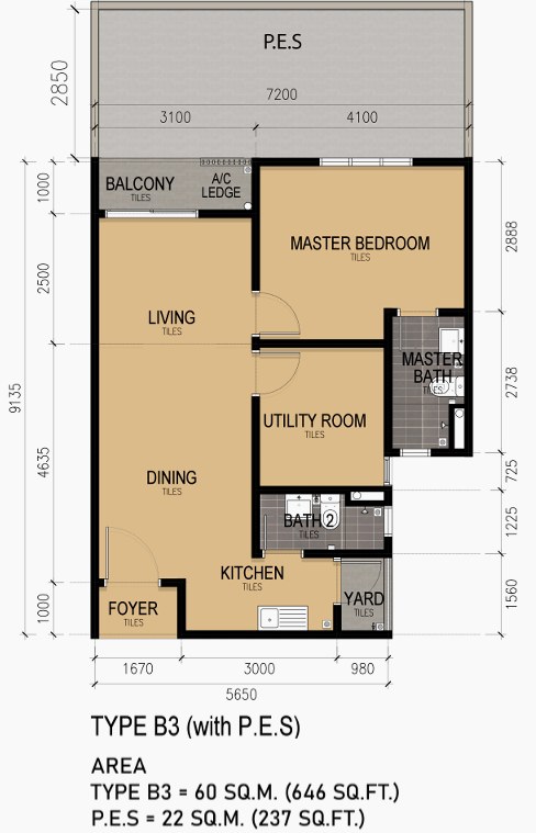 KSL Lakeview Ponderosa 户型图 Type B3，带私人花园，646平方尺