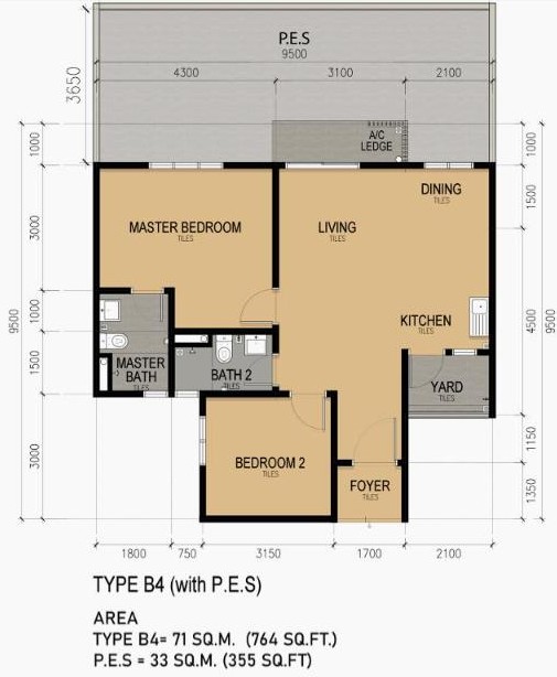 KSL Lakeview Ponderosa 户型图 Type B4，带私人花园，764平方尺