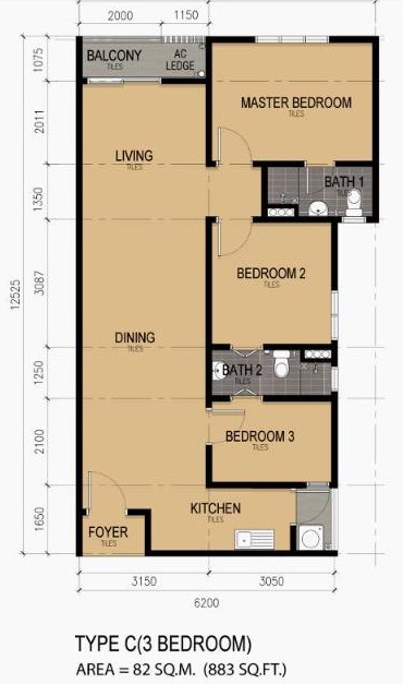 KSL Lakeview Ponderosa 户型图 Type C，3房，883平方尺