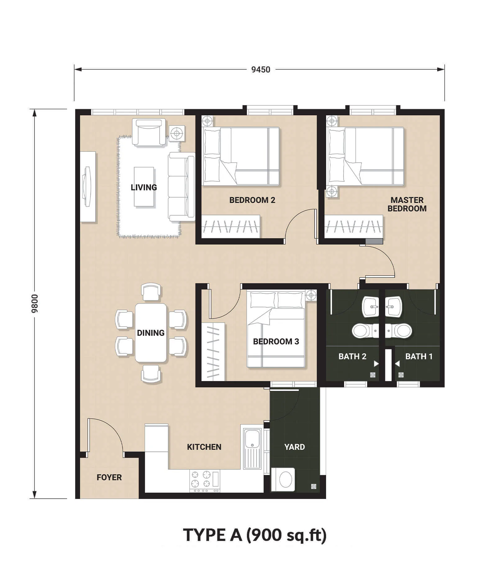 Laguna Bay Residences, Teluk Kumbar: Type A floor plan, 3 bed 2 bath, 900 sq ft