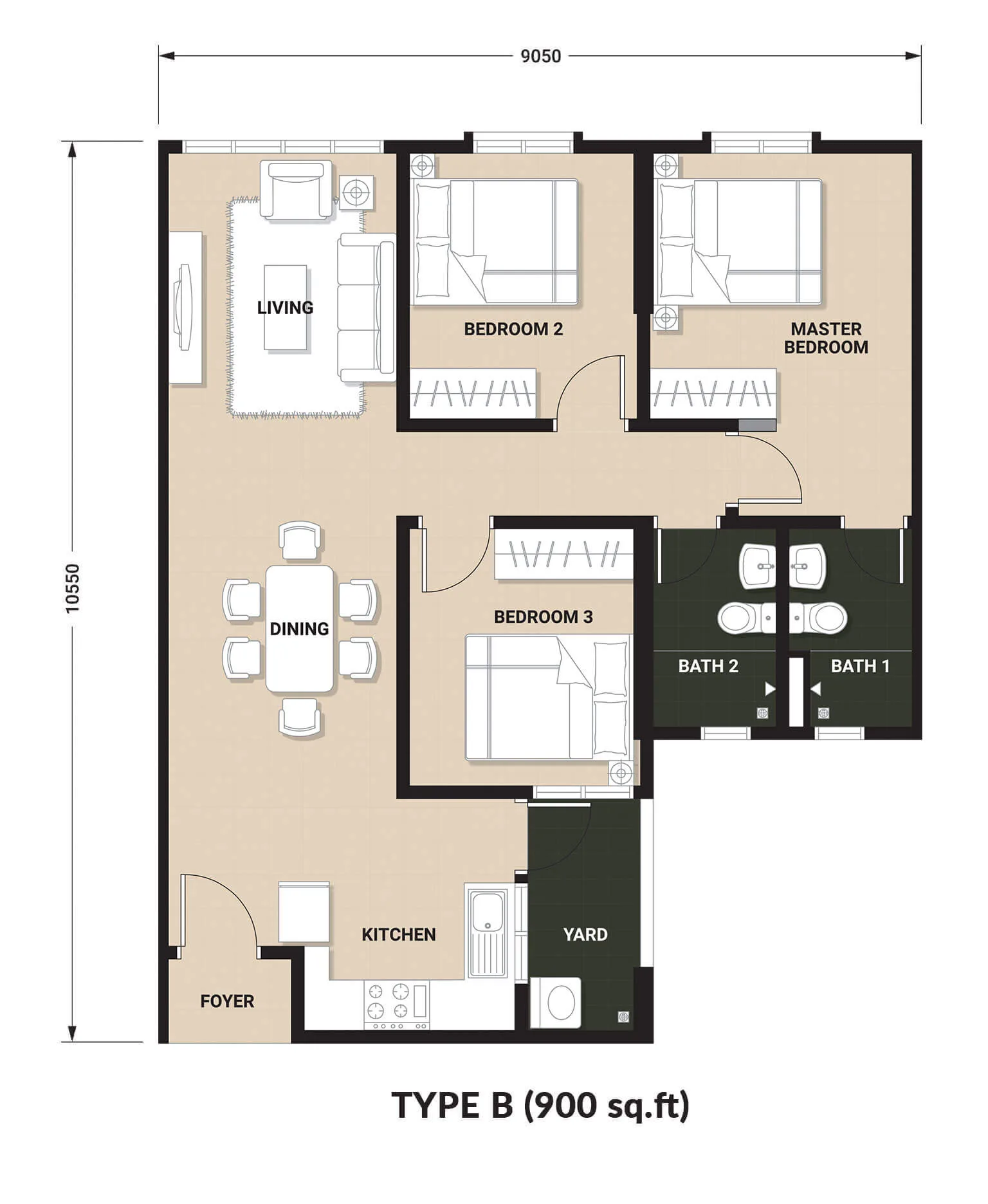 Laguna Bay Residences, Teluk Kumbar: Type B floor plan, 3 bed 2 bath, 900 sq ft