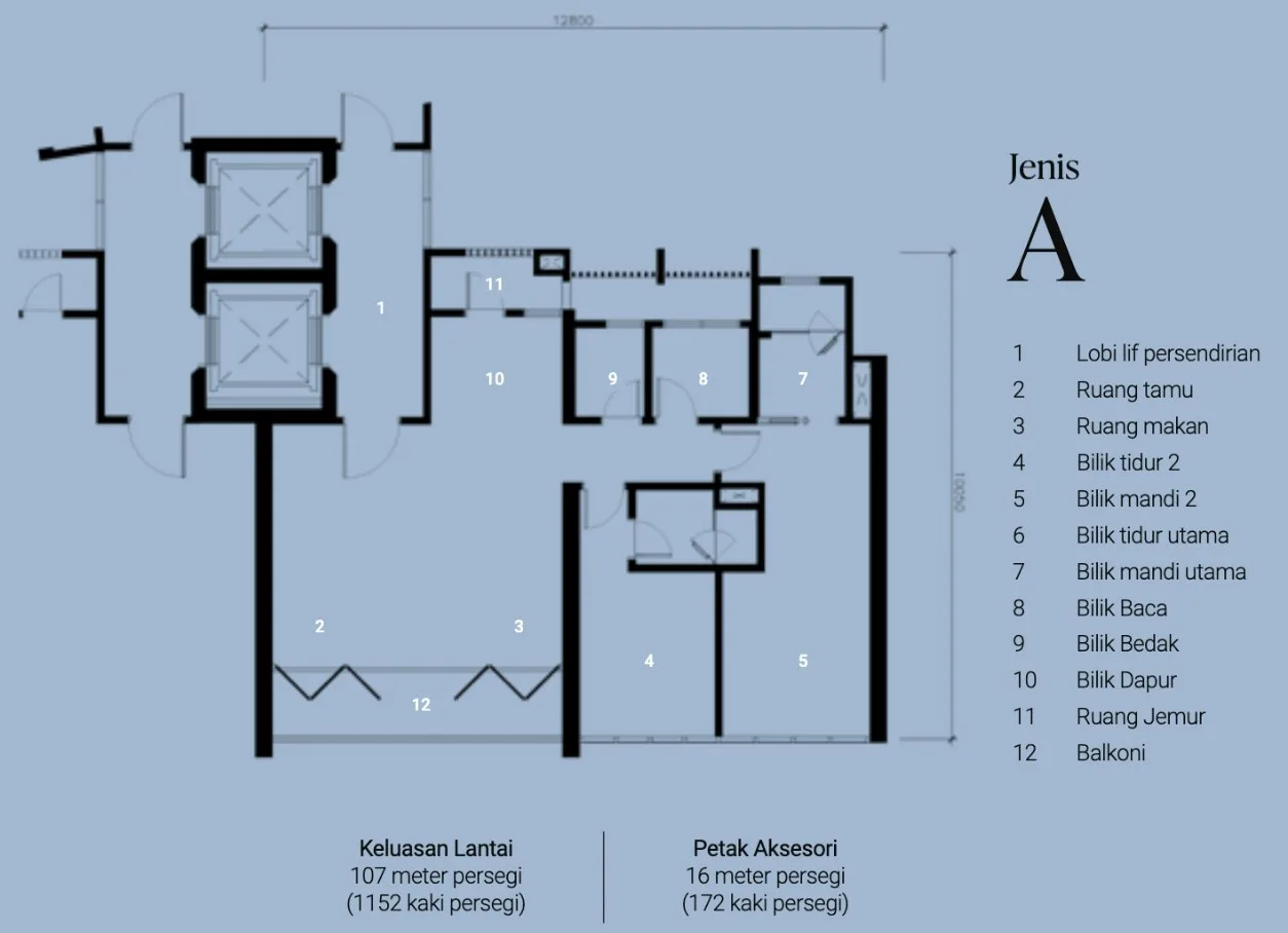 Lightwater Residences, Gelugor: Type A floor plan, 2 bed + study, 2 bath + powder room, 1,152 sq ft