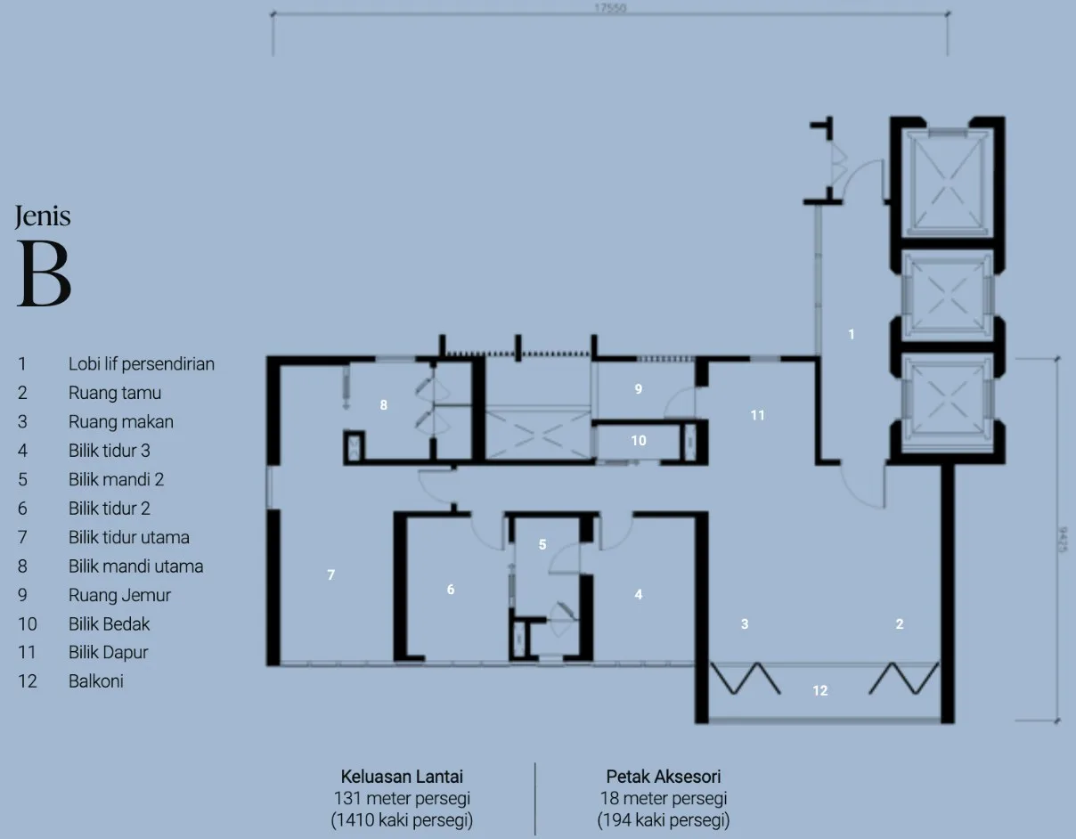 Lightwater Residences, Gelugor: Type B floor plan, 3 bed, 2 bath + powder room, 1,410 sq ft