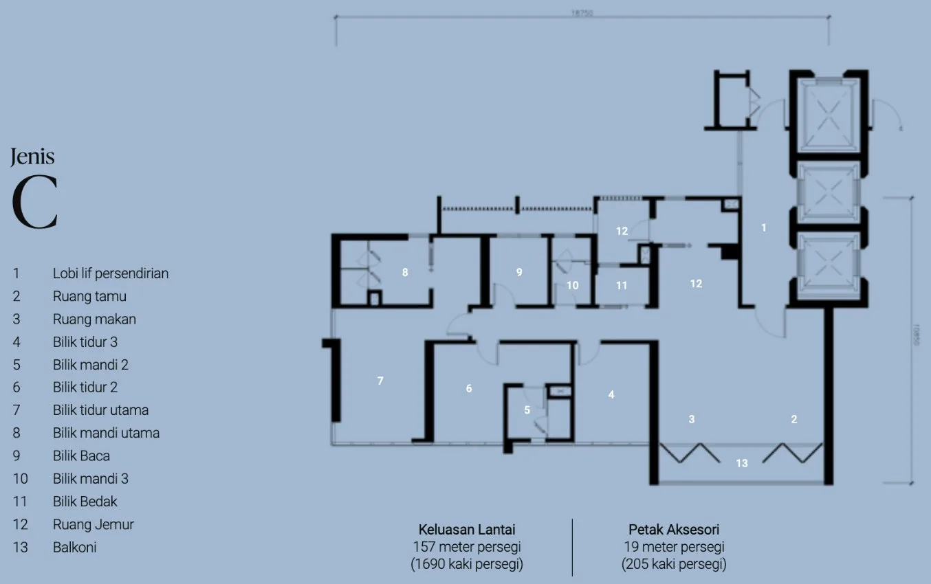 Lightwater Residences, Gelugor: Type C floor plan, 3 bed + study, 3 bath + powder room, 1,690 sq ft