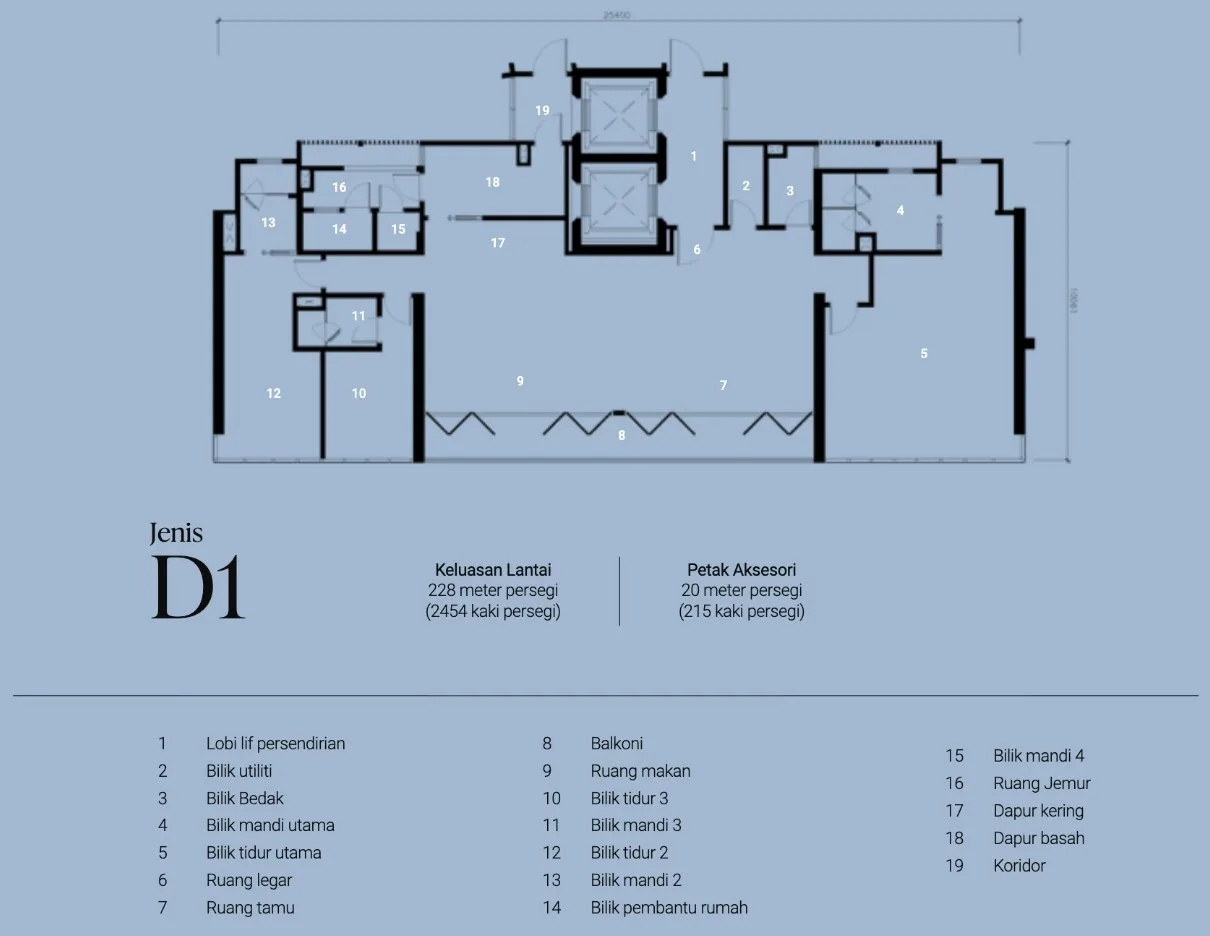 Lightwater Residences, Gelugor: Type D1 floor plan, 3 bed + helper room, 4 bath + powder room (top floor), 2,454 sq ft