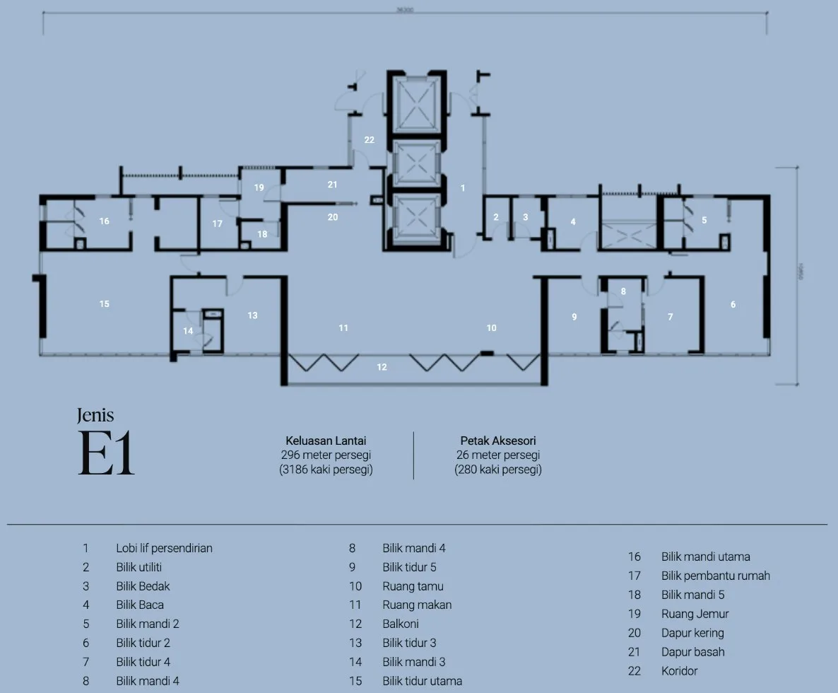 Lightwater Residences, Gelugor: Type E1 floor plan, 5 bed + study + helper room, 5 bath + powder room (top floor), 3,186 sq ft