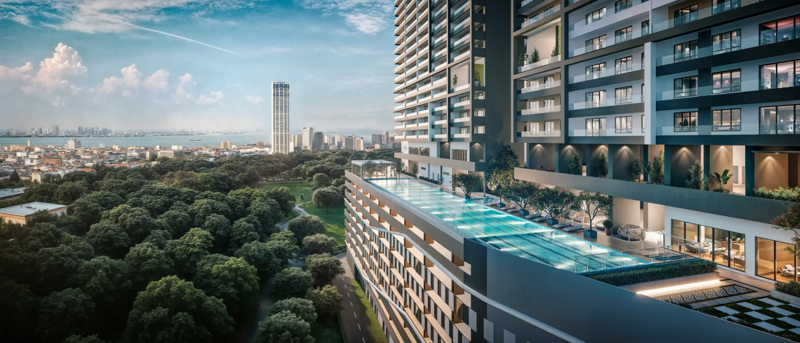 Lumina Residence, George Town: residential towers and podium pool facing Gurney, artist's impression