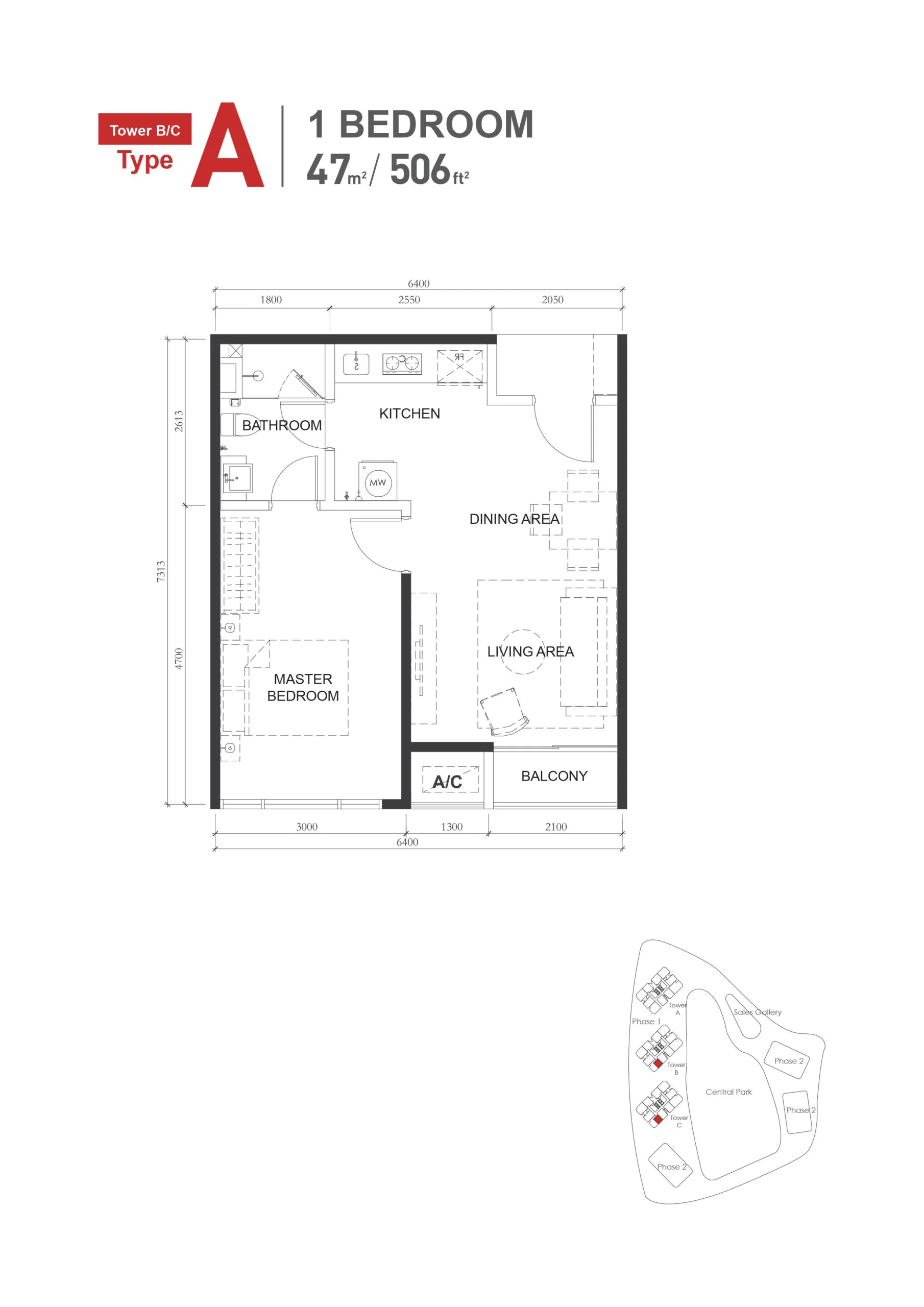 The M Macrolink Medini A 户型平面图，1 房 1 卫，506 平方尺