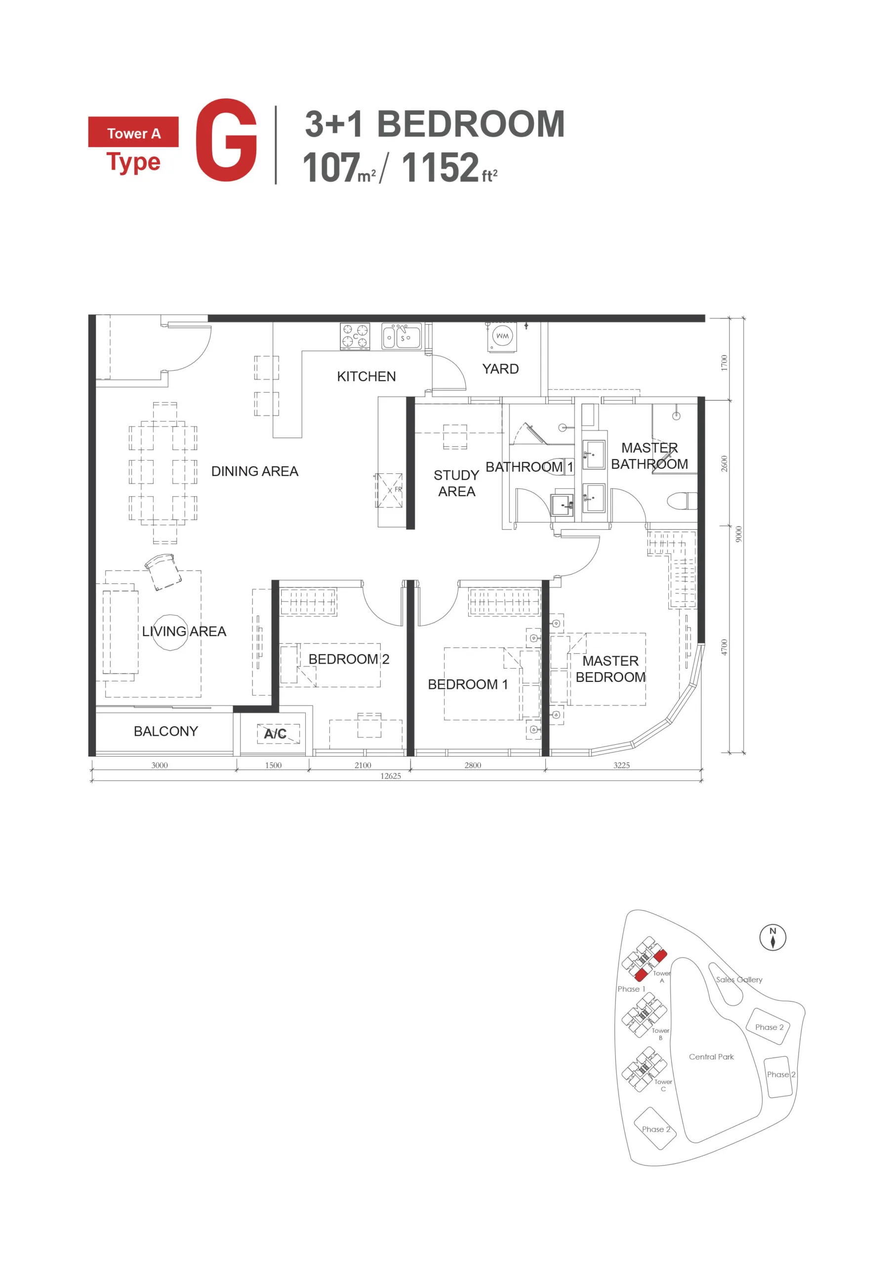 The M Macrolink Medini G 户型平面图，3+1 房 2 卫，1,152 平方尺