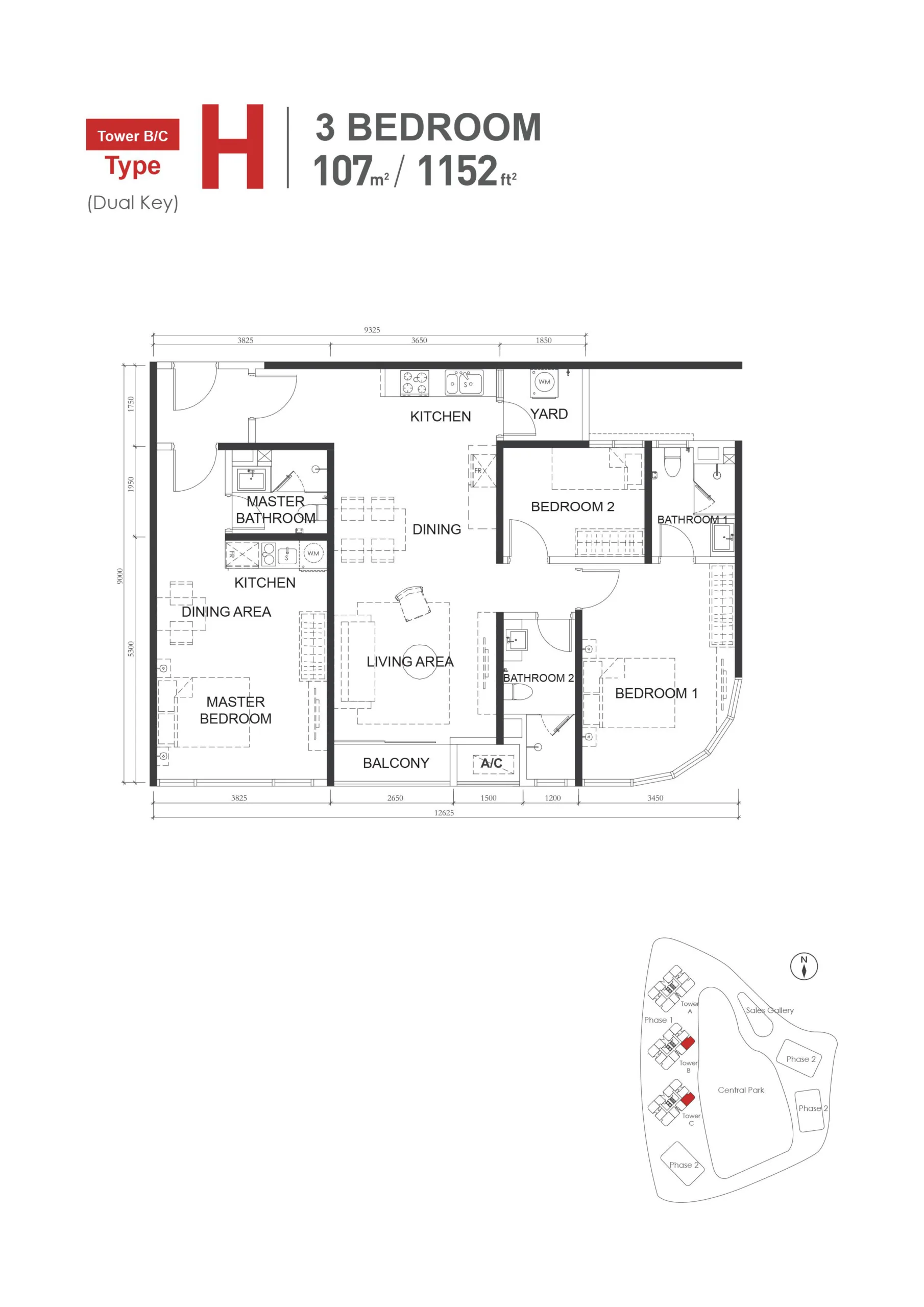 The M Macrolink Medini H 户型平面图（双钥匙），3 房 3 卫，1,152 平方尺