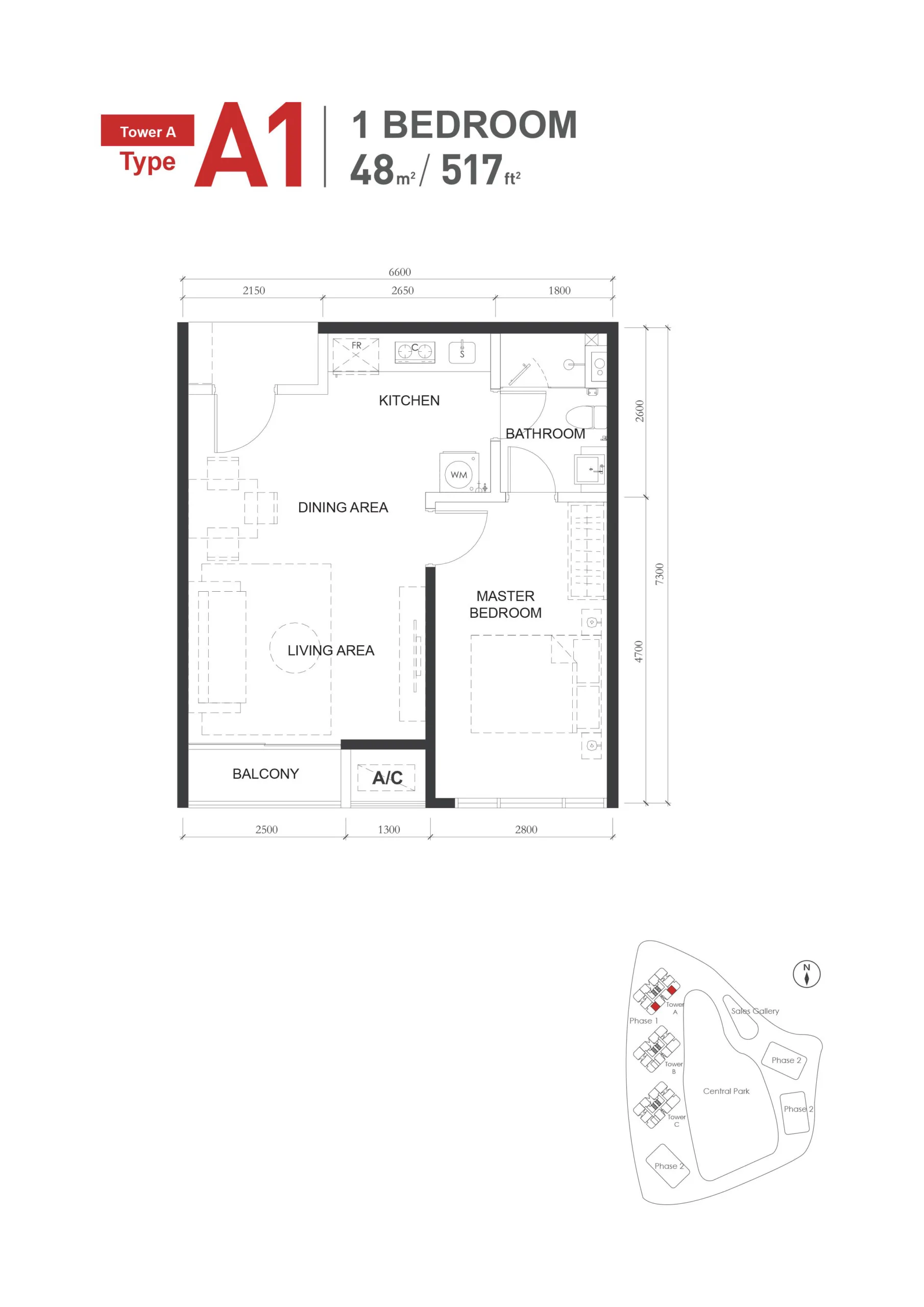The M Macrolink Medini A1 户型平面图，1 房 1 卫，517 平方尺