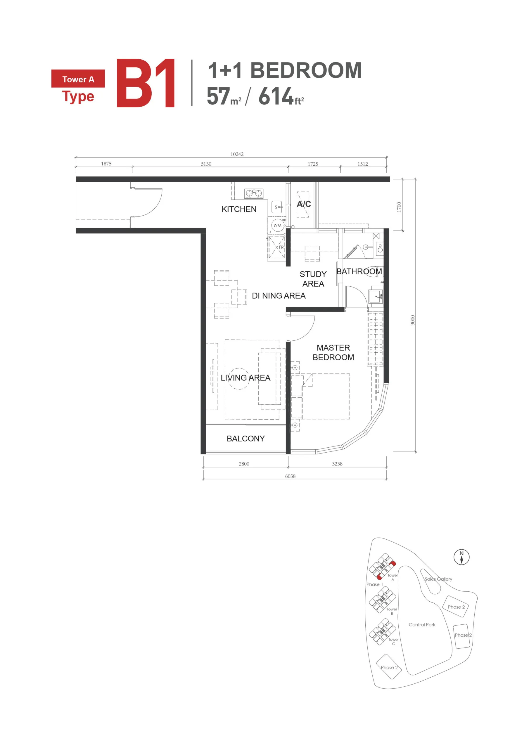 The M Macrolink Medini B1 户型平面图，1+1 房 1 卫，614 平方尺