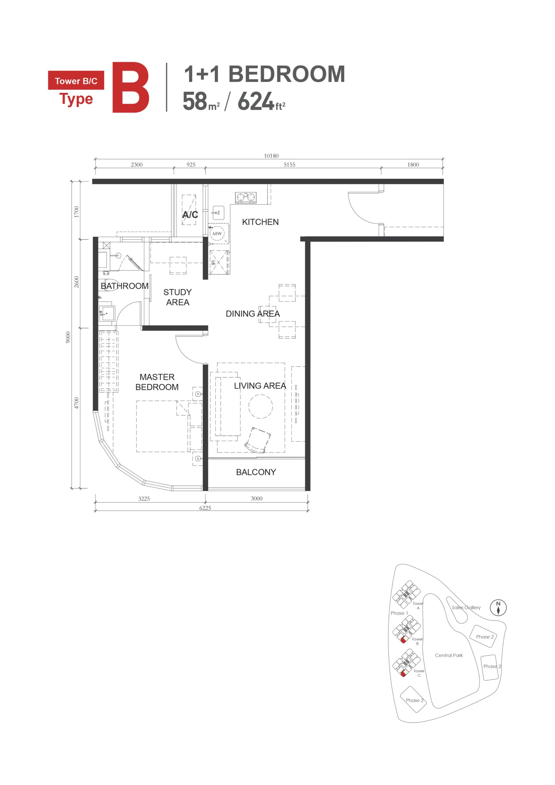 The M Macrolink Medini B 户型平面图，1+1 房 1 卫，624 平方尺