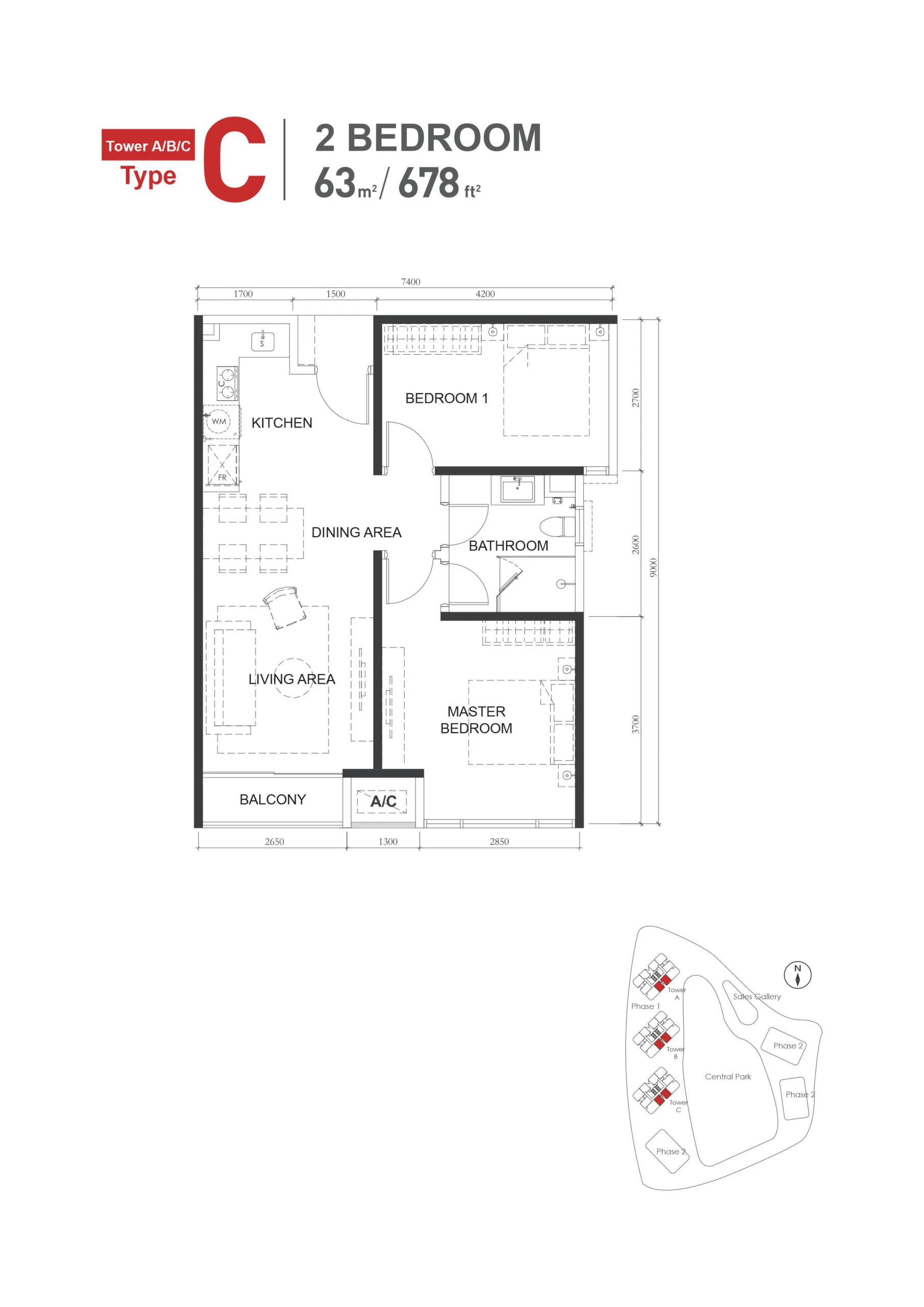 The M Macrolink Medini C 户型平面图，2 房，678 平方尺
