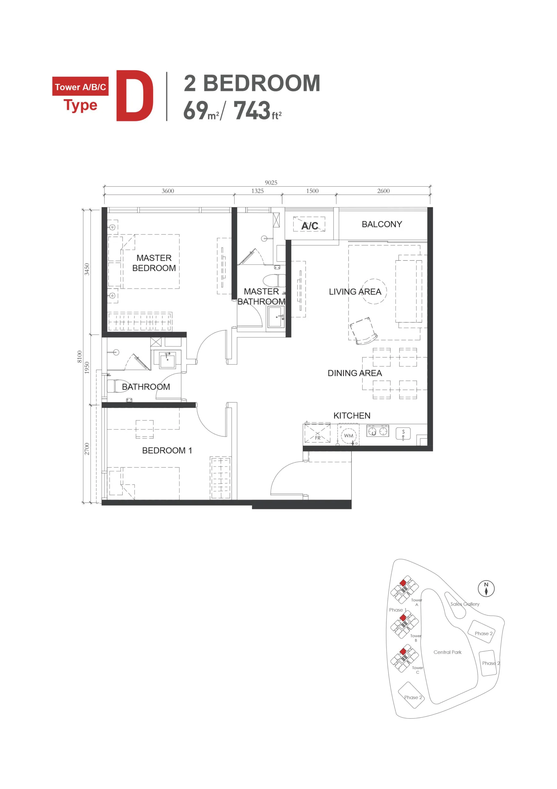 The M Macrolink Medini D 户型平面图，1 房 1 卫，743 平方尺
