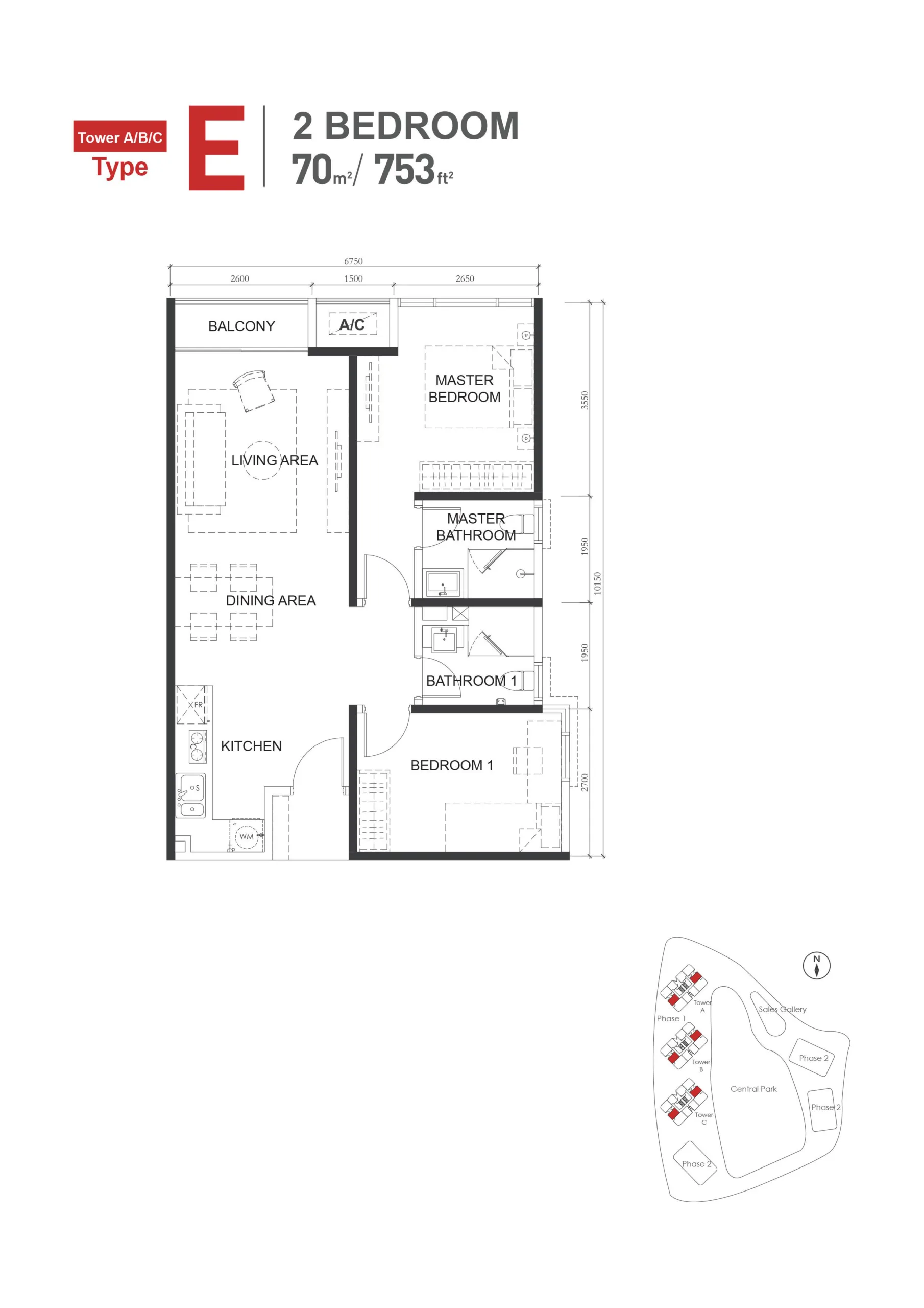 The M Macrolink Medini E 户型平面图，2 房 2 卫，753 平方尺